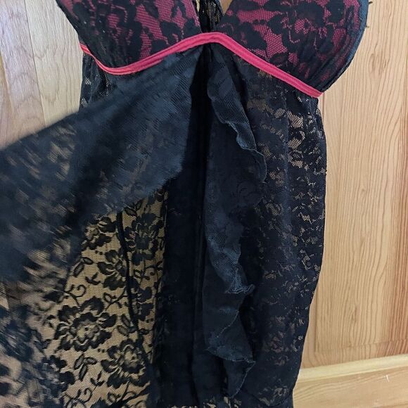 Secret Treasures Lace Lingerie M 8/10 Black Red Sleepwear Babydoll Corset Sheer - Picture 5 of 8